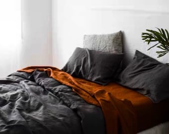 Stonewashed Linen Duvet Cover Set, Dark Gray, Custom Size