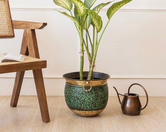 Minsterley Engraved Patina Brass Planter - Magnificent Centerpiece - Brass Metal - Vintage - Distressed Indoor Planters