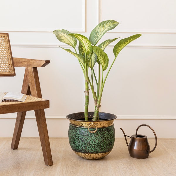 Minsterley Engraved Patina Brass Planter - Magnificent Centerpiece - Brass Metal - Vintage - Distressed Indoor Planters