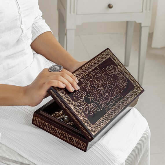 Brass Inlay Wooden Jewelry Box, Floral Keepsake Box