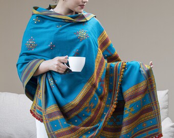 Handwoven Blue Shawl - Oversized Boho Scarf, Warm Winter Wrap