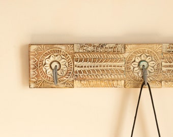 Hand Carved Mango Wood Coat Hooks, Antique Style Wall Rack