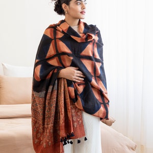 Handwoven Blanket Shawl: Black & Peach Oversized Scarf Wrap