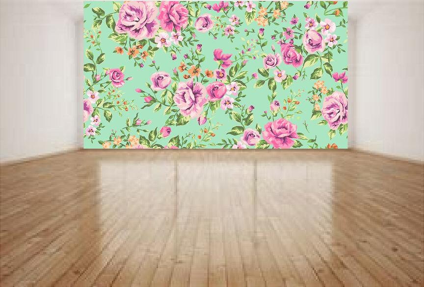 Green and pink vintage floral Wall Mural Wallpaper Peel & Etsy