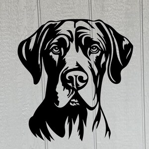May include: Black and white silhouette of a dog's head. The dog has floppy ears and a serious expression.