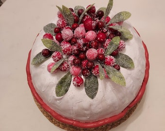 Christmas bundt cake with berries and mistletoe, fake cake, holiday decor, Christmas decor, faux christmas cake, Christmas centerpiece