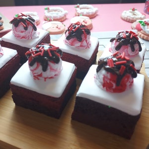 Faux brownies, fake brownies, fake ice cream brownie, fake chocolate red velvet cake, tiered tray, fake bake, faux sweets, food prop