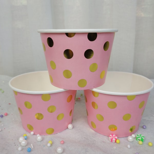 DIY fake bake supplies, pink and gold polka dot paper ice cream cups, dessert bowls, party supplies, fake bake supplies, faux food supplies