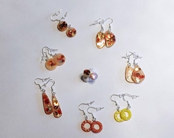 Autumn themed earring orange red jewel maple leaf resin