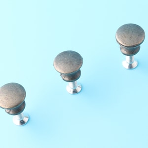 Op de afbeelding: Drie antieke kastknoppen met een donkerbruine afwerking en zilveren schroeven. De knoppen zijn in een rij op een lichtblauwe achtergrond gerangschikt.