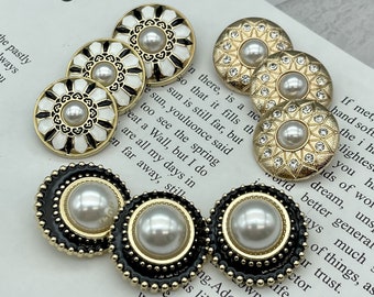 5pcs Round Pearl buttons，Gold buttons, fashion coat buttons， decorative button，clothing accessories，High quality diamond button，black button