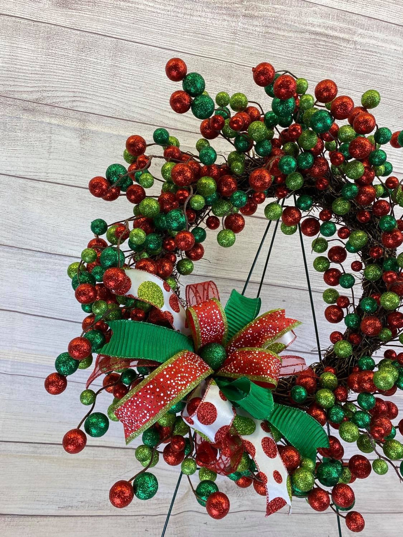 Round Mixed Glitter Ball Wreath Red Lime Emerald With Bow Etsy