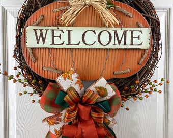 Welcome Pumpkin Grapevine Wreath, Fall Wreath for Front Door, Fall pumpkin Wreath, Harvest Wreath, Farmhouse Decor, Gift for Her
