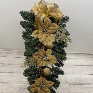 Deluxe Gold Burlap Poinsettia Pinecone Bulb Outdoor Christmas Swag Wreath for front door, Christmas Swag, Pine Christmas Swag, Holiday Swag