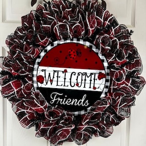 Ladybug wreath, front door decor, red black white wreath, metal ladybug sign, spring summer wreath, unique home decor, cheerful door wreath