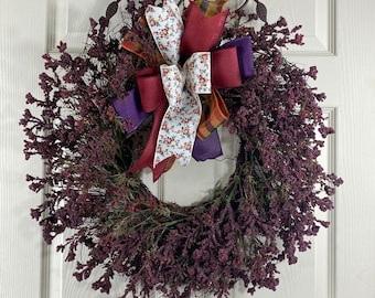 Flower Wreath, Purple Limonium front door decor, Farmhouse berry wreath, Faux floral wall decor, Gift for Mom, Flower Berry Home Decorations