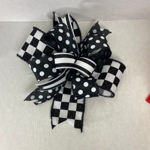 Bow, Wreath Attachment, Monochrome checked ribbon bow, Black White wired Lantern Bow, Polka Dot Mailbox Decoration, Gift box Bow for Her,