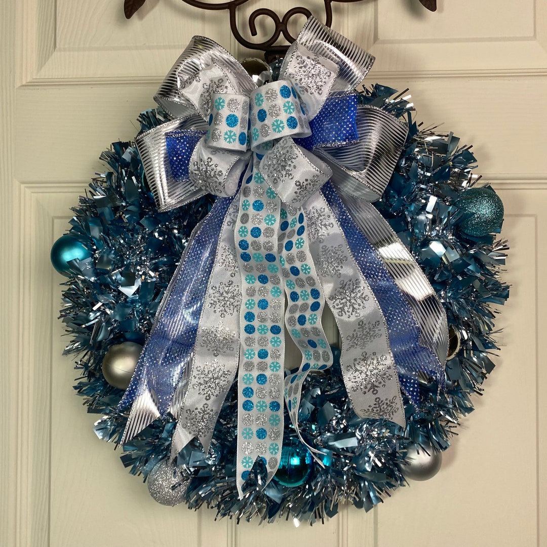 Blue and Silver Garland Wreath for Front Door Ready to Ship, Snow Flake ...