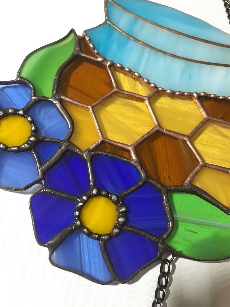 Stained Glass Bee Suncatcher Honeycomb Jar Stained Glass Succulent Honey Bee Decoration Mothers Day Gift Flower Garden Ornament