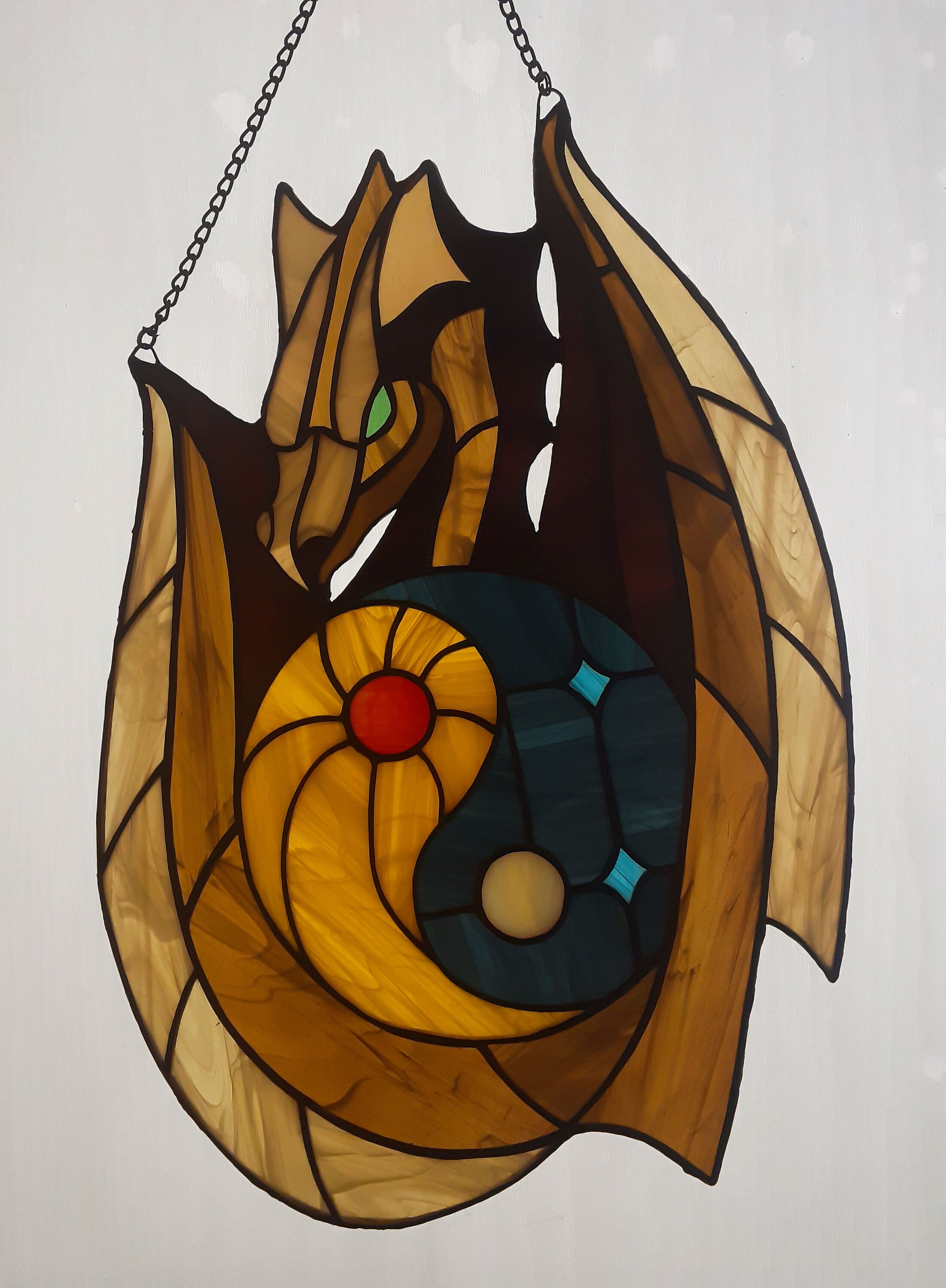 Stained Glass Dragon Suncatcher Sun and Moon Yin Yang Glass Etsy