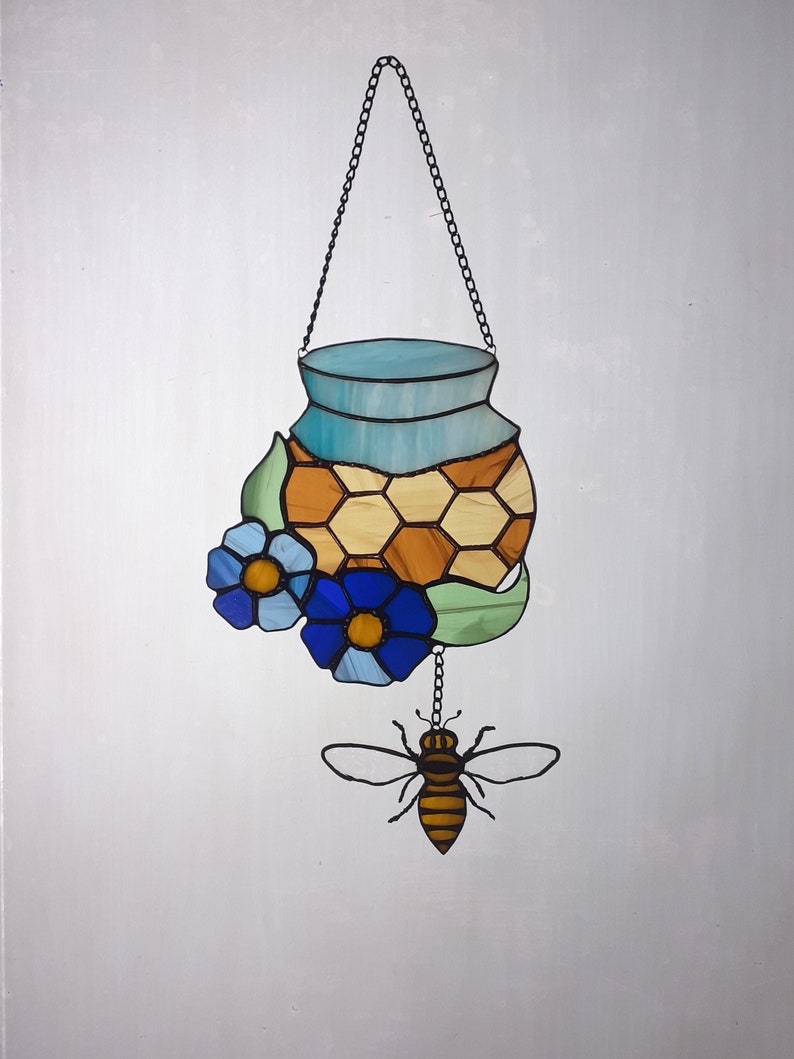 Stained Glass Bee Suncatcher Honeycomb Jar Stained Glass Succulent Honey Bee Decoration Mothers Day Gift Flower Garden Ornament
