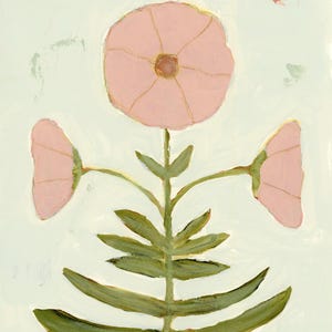 May include: A painting of a stylized flower with three pink blooms and green foliage. The artwork has a pale green background. The flowers have gold detailing. The style is reminiscent of botanical illustrations, with a soft, natural aesthetic.