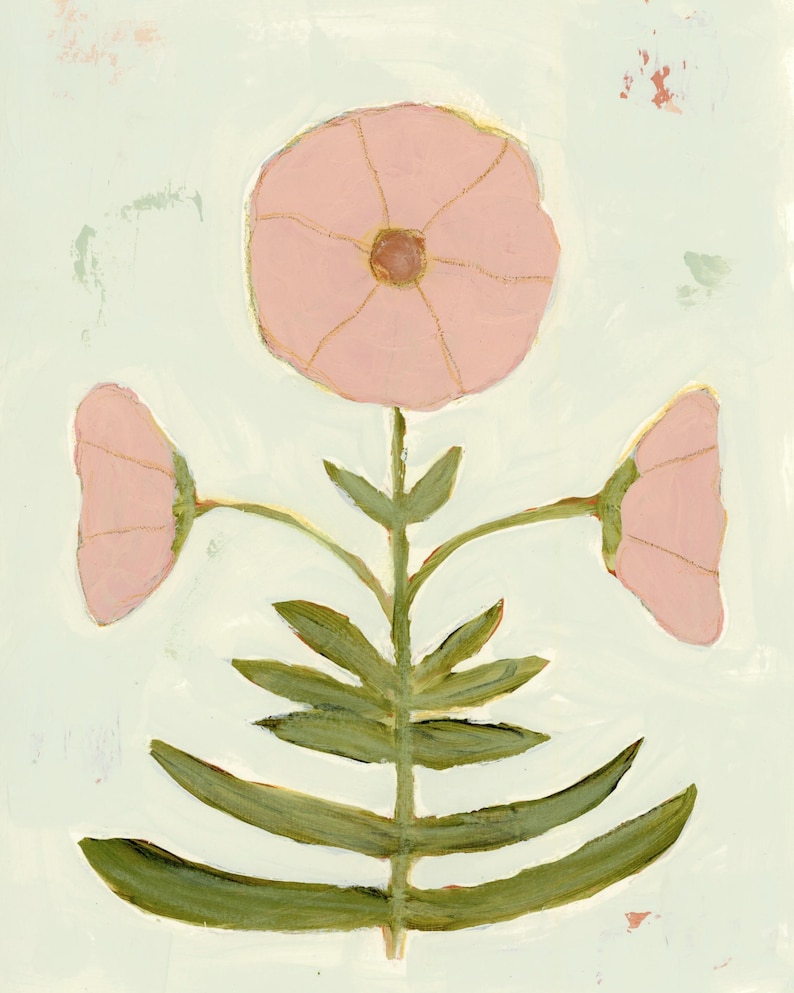 May include: A painting of a stylized flower with three pink blooms and green foliage. The artwork has a pale green background. The flowers have gold detailing. The style is reminiscent of botanical illustrations, with a soft, natural aesthetic.