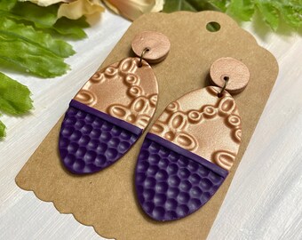 Shimmering Champagne and Royal Purple Statement Dangles | Unique Textured Earrings | Handmade Polymer Clay Earrings