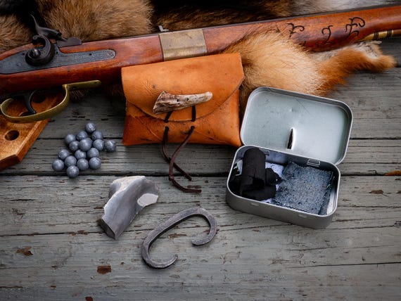 Hand Forged Flint and Steel Kit with Buckskin Pouch, Reenactment Gear, Mountain Man