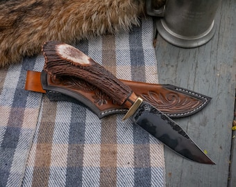 Hand Forged Bowie Knife, Deer Antler Handle, Hamon Line, with Sheath