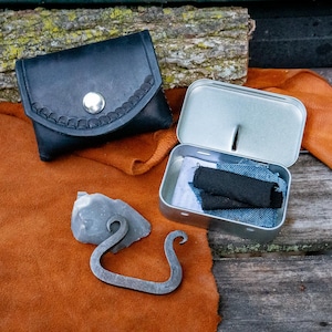 Hand Forged Flint and Steel Kit with Handmade Pouch