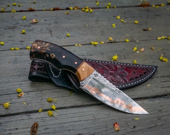 Hand Forged EDC Knife, Copper Go Mai Damascus, with Sheath, Carved Designs
