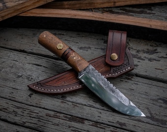 Hand Forged Hunting/Camp Knife with Scout Carry Leather Sheath, Bourbon Barrel Oak Handle