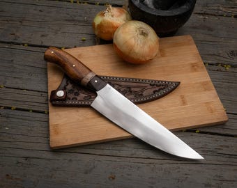 Hand Forged Chef Knife, 7 1/2" Blade, with Leather Sleeve