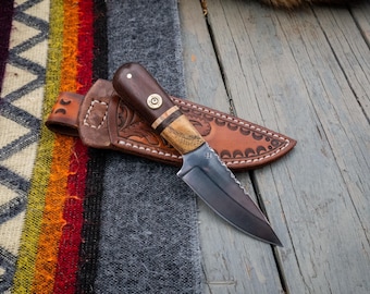 Handmade EDC Knife, 52100 Steel, with Sheath, Carved Floral Design