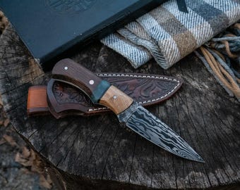 Hand Forged Damascus Skinner/EDC With Sheath, Carved Flower Designs
