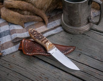 Handmade EDC Knife, Ram Horn Handle, Carved Ram Skull Sheath