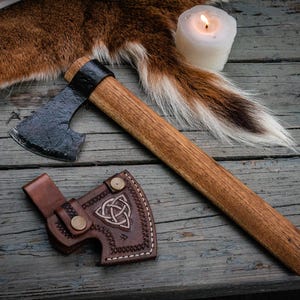 Hand Forged Bearded Tomahawk with Leather Sheath, Carved Celtic Knot, Viking Axe