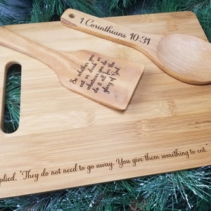 Beautiful handcrafted laser engraved bamboo cutting board and wooden utensil set with Christian scripture image 2