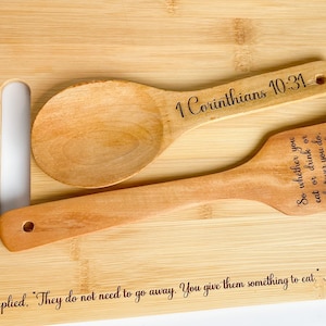 Beautiful handcrafted laser engraved bamboo cutting board and wooden utensil set with Christian scripture image 1