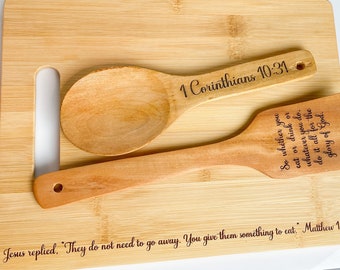 Beautiful handcrafted laser engraved bamboo cutting board and wooden utensil set with Christian scripture