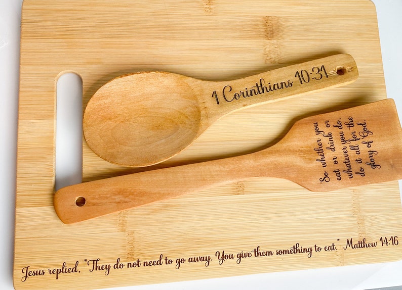 Beautiful handcrafted laser engraved bamboo cutting board and wooden utensil set with Christian scripture image 1