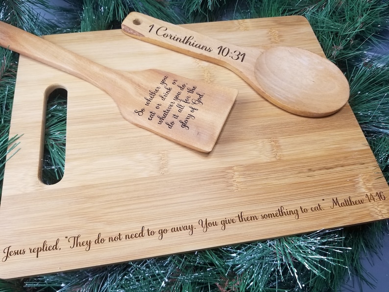 Beautiful handcrafted laser engraved bamboo cutting board and wooden utensil set with Christian scripture image 2