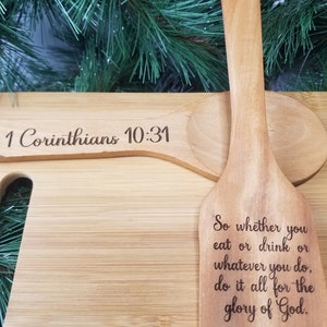 Beautiful handcrafted laser engraved bamboo cutting board and wooden utensil set with Christian scripture image 4