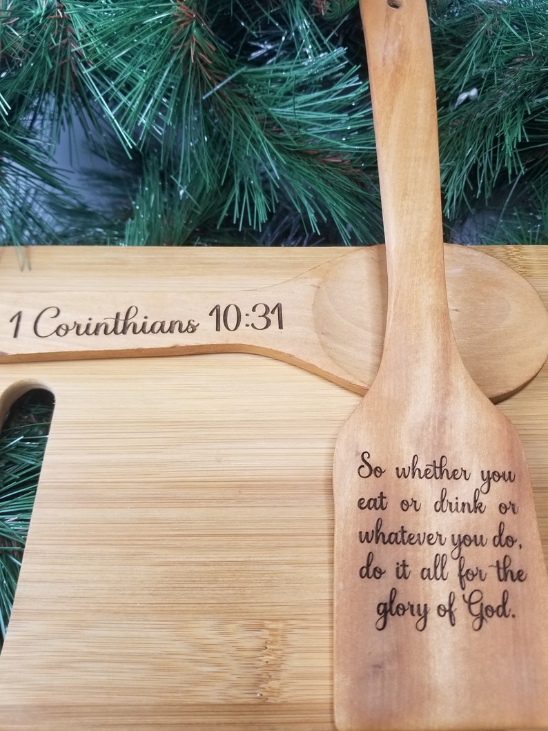 Beautiful handcrafted laser engraved bamboo cutting board and wooden utensil set with Christian scripture image 4