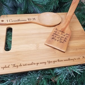 Beautiful handcrafted laser engraved bamboo cutting board and wooden utensil set with Christian scripture image 3