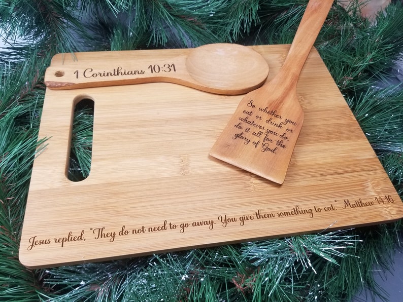 Beautiful handcrafted laser engraved bamboo cutting board and wooden utensil set with Christian scripture image 3