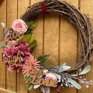 Coroa de Dia dos Namorados para porta da frente/Decoração de varanda Live Laugh Love