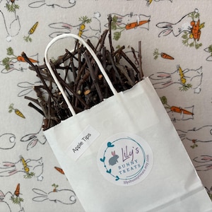 Puede incluir: Una bolsa de papel blanca llena de ramitas de manzana marrones para mascotas peque&ntilde;as. La bolsa tiene una etiqueta que dice "Apple Tips" y una pegatina con el texto "Lily's Bunny Treats lilybunnytreats.etsy.com". La bolsa est&aacute; sobre un fondo blanco con un patr&oacute;n repetido de conejos y zanahorias.