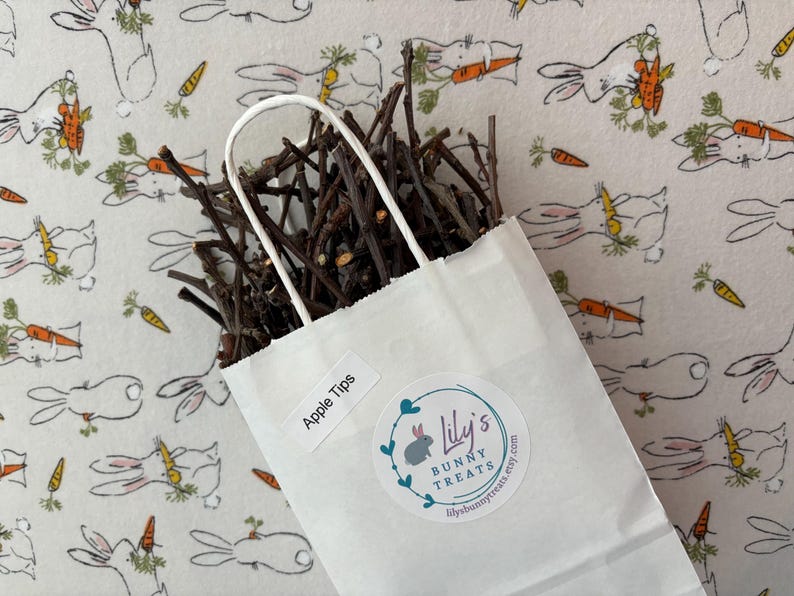 Puede incluir: Una bolsa de papel blanca llena de ramitas de manzana marrones para mascotas peque&ntilde;as. La bolsa tiene una etiqueta que dice "Apple Tips" y una pegatina con el texto "Lily's Bunny Treats lilybunnytreats.etsy.com". La bolsa est&aacute; sobre un fondo blanco con un patr&oacute;n repetido de conejos y zanahorias.